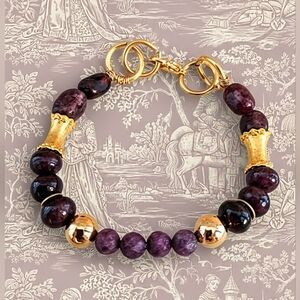 Natural Red Ruby Bead & Red Jade Bracelet In Gold Plated